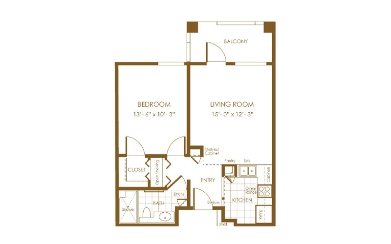 brown floor plan with balcony bedroom living room entry wet bar closet and bath