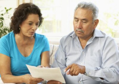 Senior couple looking at document together